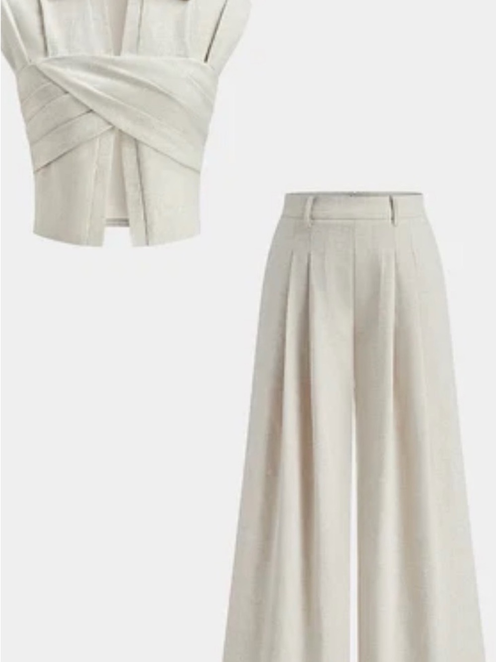 Commense Cream Linen Blend Cropped Wrap Top and Matching Pants -Soft Ivory Tone